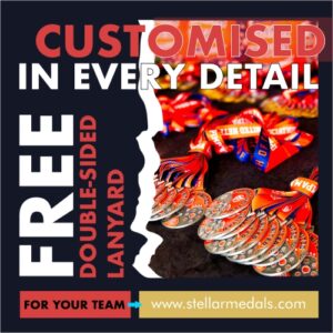 Customised medals with free double-sided lanyards by Stellar Medals.